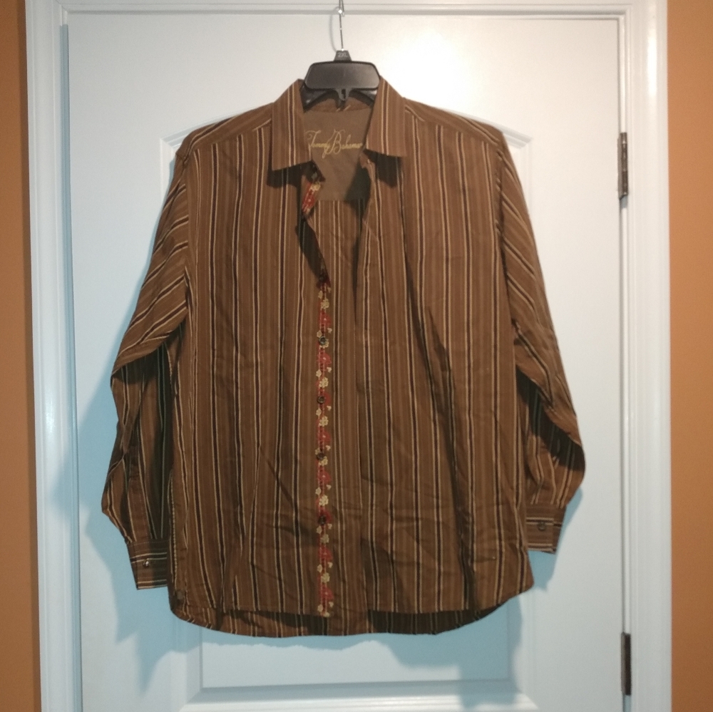 Brown Striped Button Down Shirt with Embroidery